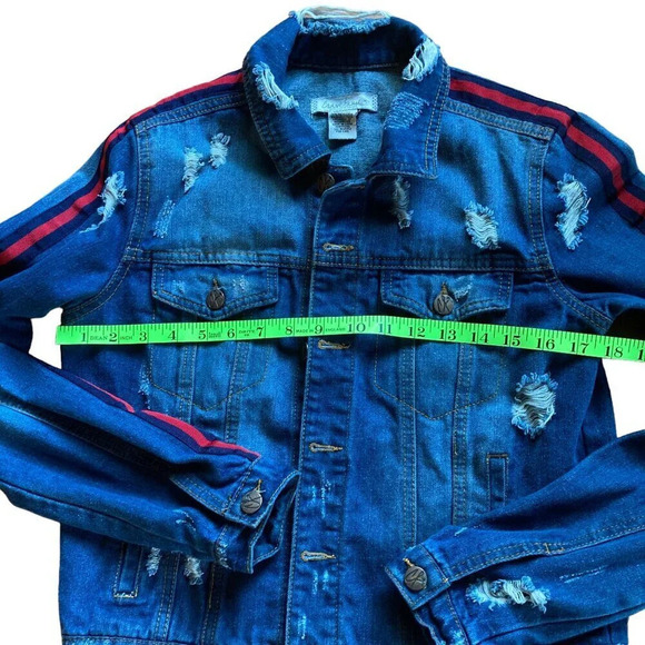Almost Famous Crave Fame Distressed Denim Jacket Medium, Red Blue Racing Stripes - Picture 5 of 6